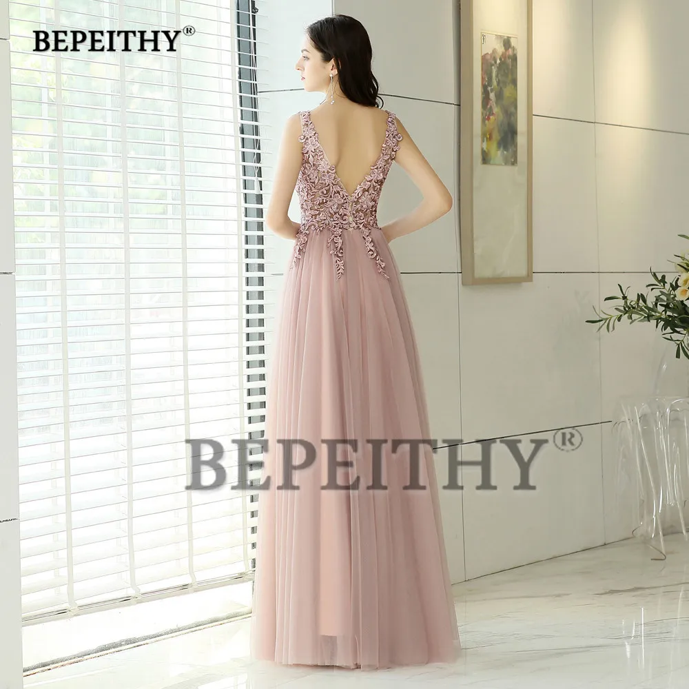 BEPEITHY Customized V-neck Pink Party Dresses For Women 2023 Lace Appliques Slit Vestidos De Ocasión Formales A Line Prom Dress