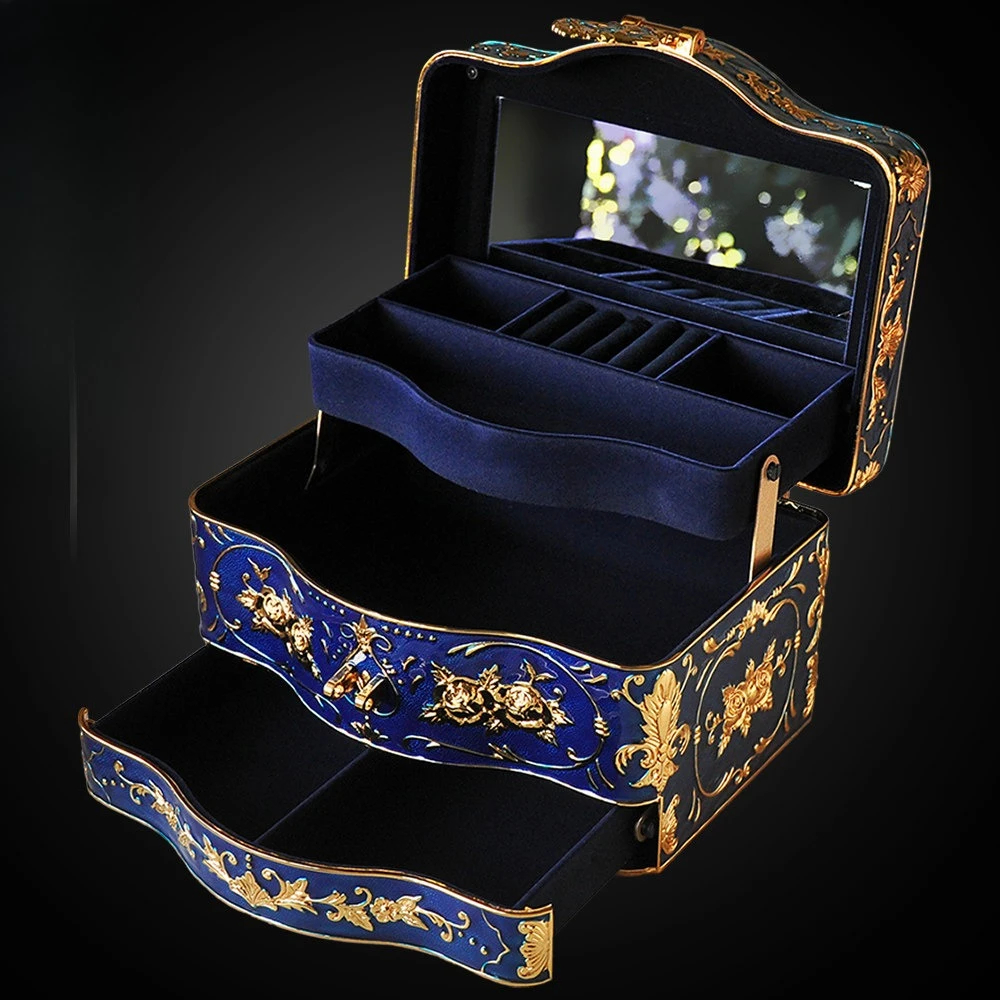 Three-layer European Princess Jewelry Box, Built-in Mirror with Lock, Large Jewelry Ring Storage Box.