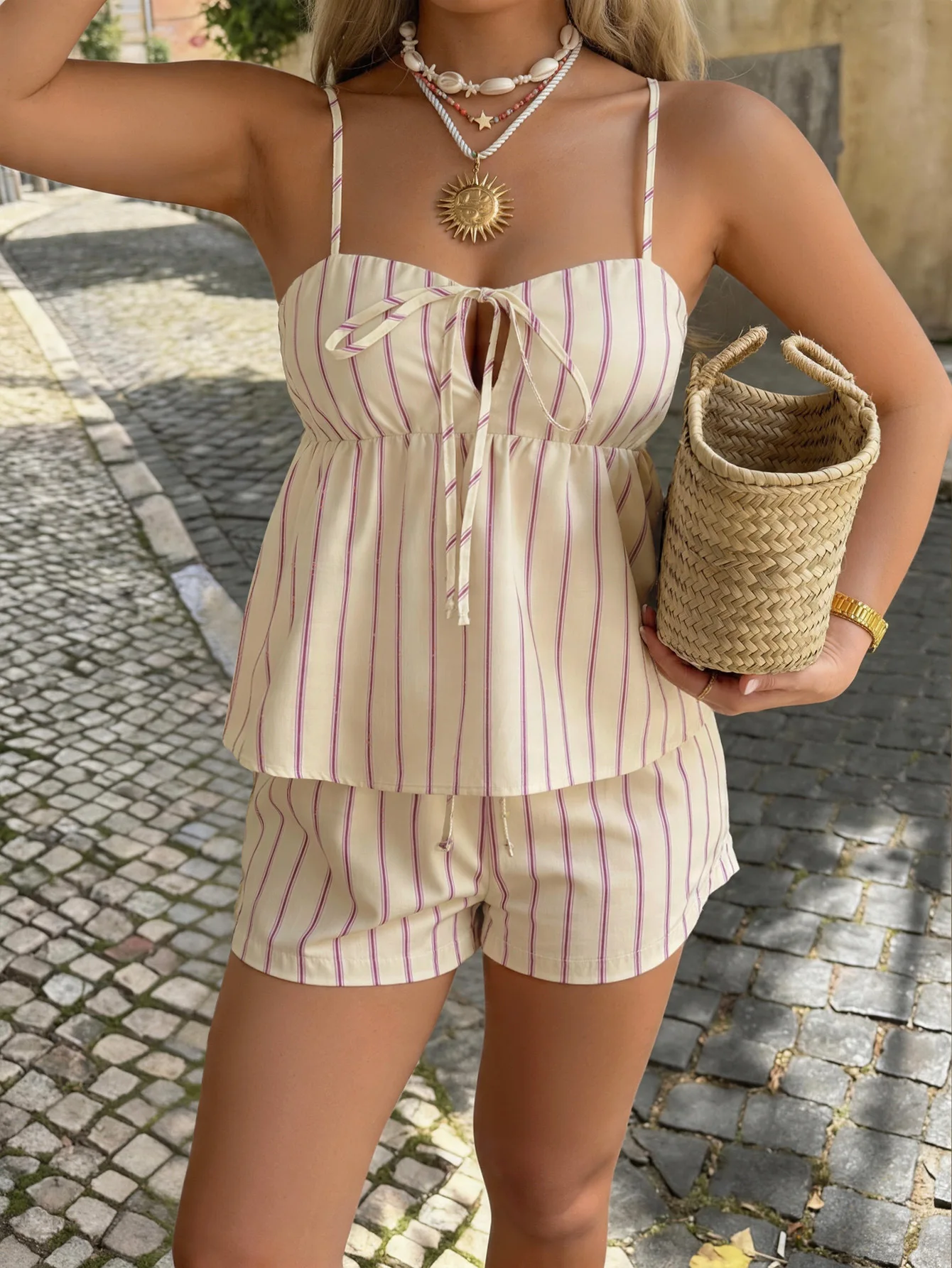 

Two Piece Set Women Outfit 2026 Spring Summer New Square Collar Striped Cami Top & High Waist Casual Daily Shorts Set