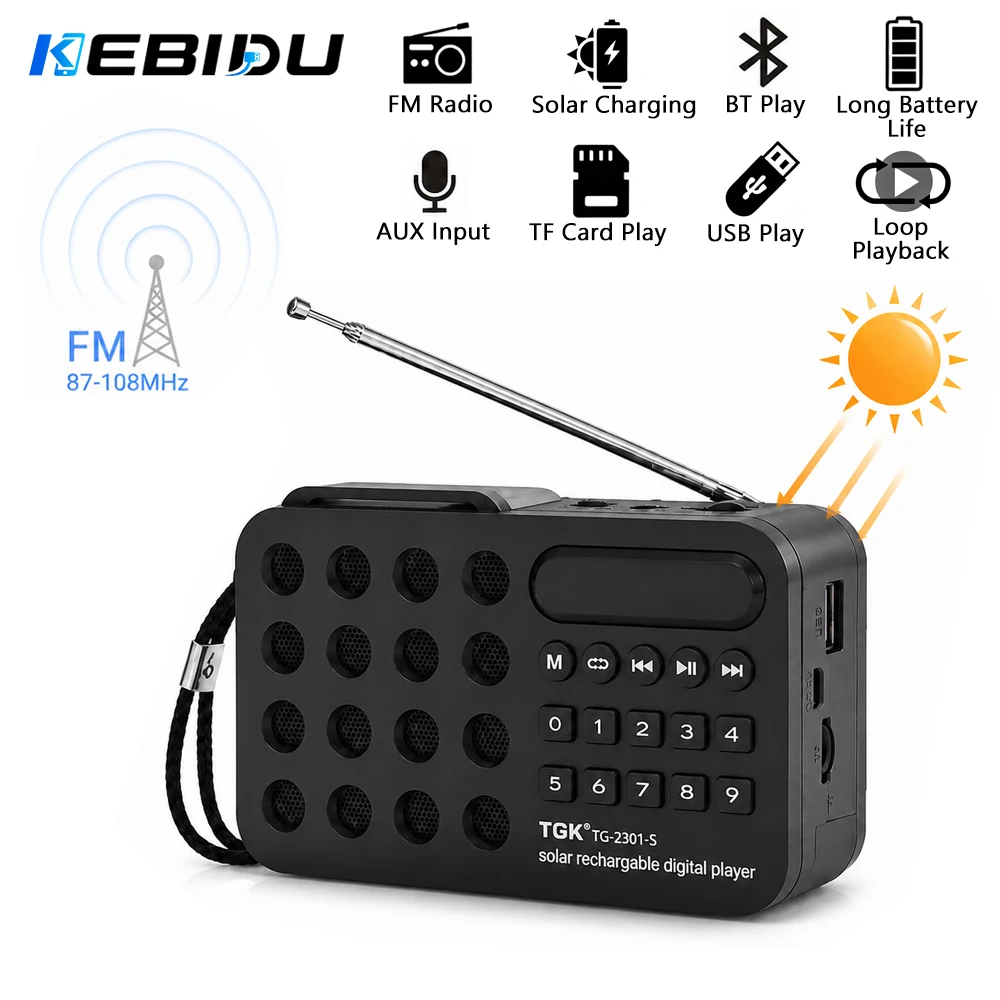 KEBIDU Solar Charging Portable FM Radio Pocket Bluetooth Speakers Multifunctional Radio USB TF Card MP3 Music Play FM Receiver