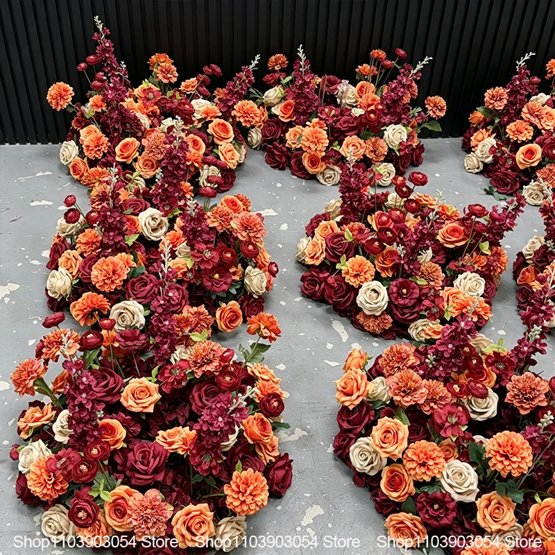 Burgunderrot-Orangefarbenes Künstliches Blumenarrangement Hochzeitstisch-Mittelstück Rose Delphinium Blumenbodenstrauß Party Zeremonie Dekoration – Detail 6