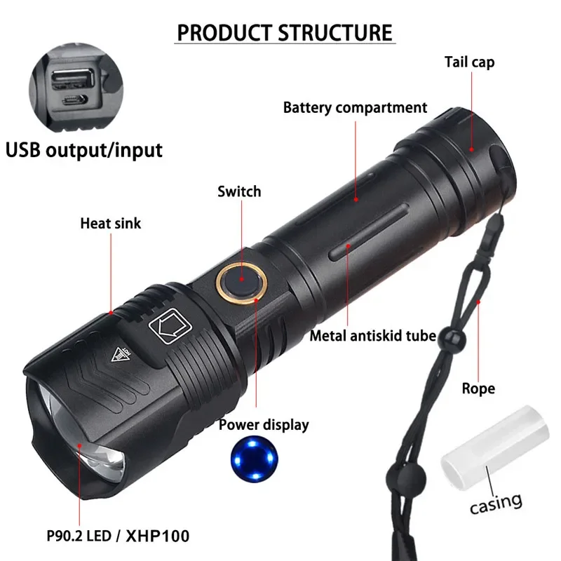 

XHP100 Powerful LED Flashlight Torch Tactical Flashlight USB Rechargeable Zoomable Flash Light 18650 26650 Battery Led Lantern