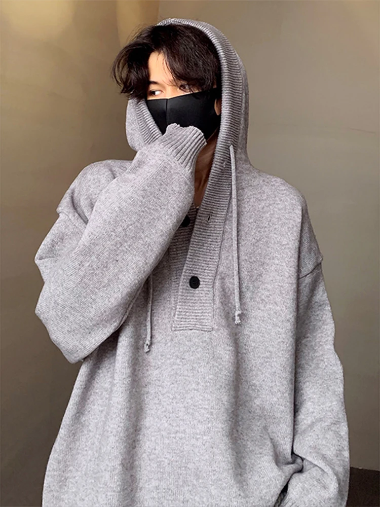 

ay Hooded Knitwear Men's Autumn Winter Sle American Buttoned Sweater Cleanfit Lazy High-End Thi Outerwear Casual Loose Fit