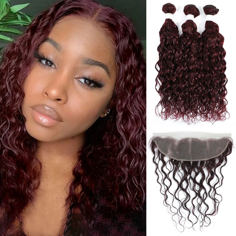 Water Wave Human Hair Bundles With Frontal 99J Red Colored Human Hair Weave Bundles With Front 13x4 Brazilian Remy Hair Bundles