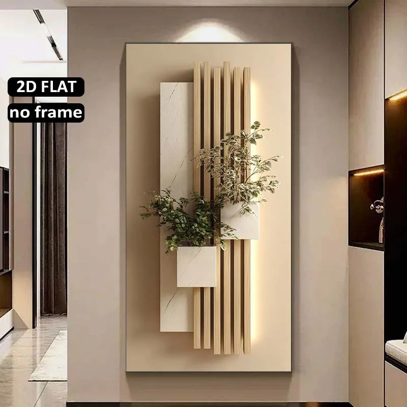 

2D Flat Large Frameless Modern Slats and Marble Planters Canvas Wall Art - Minimalist Canvas Prints for Luxury Living Room Decor
