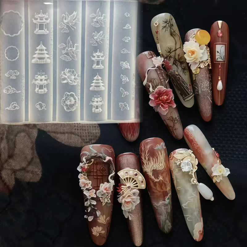 Chinese Garden Landscape Nail Art Mold Peacock Peony Cloud Crane Pavilion Stone Art Transparent Silicone for Nail Decorations