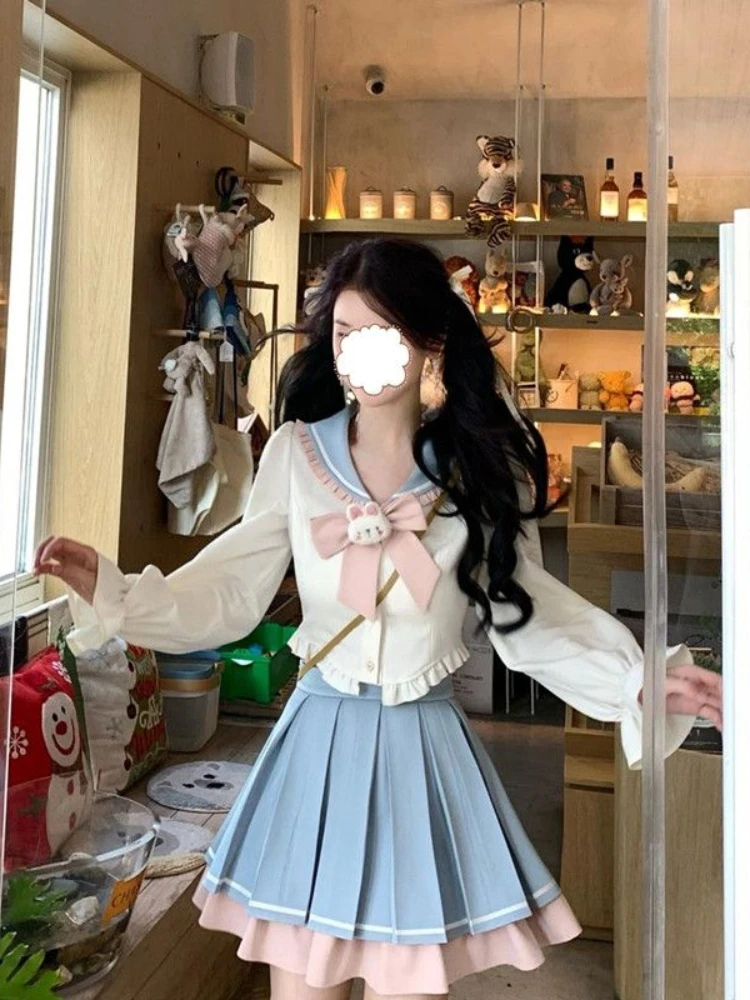 Japanese Kawaii 2 Piece Sets Women Bow Y2k Crop Top Blouse + Mini Skirts 2000s Elegant Vintage Suits Korean Fashion Clothing