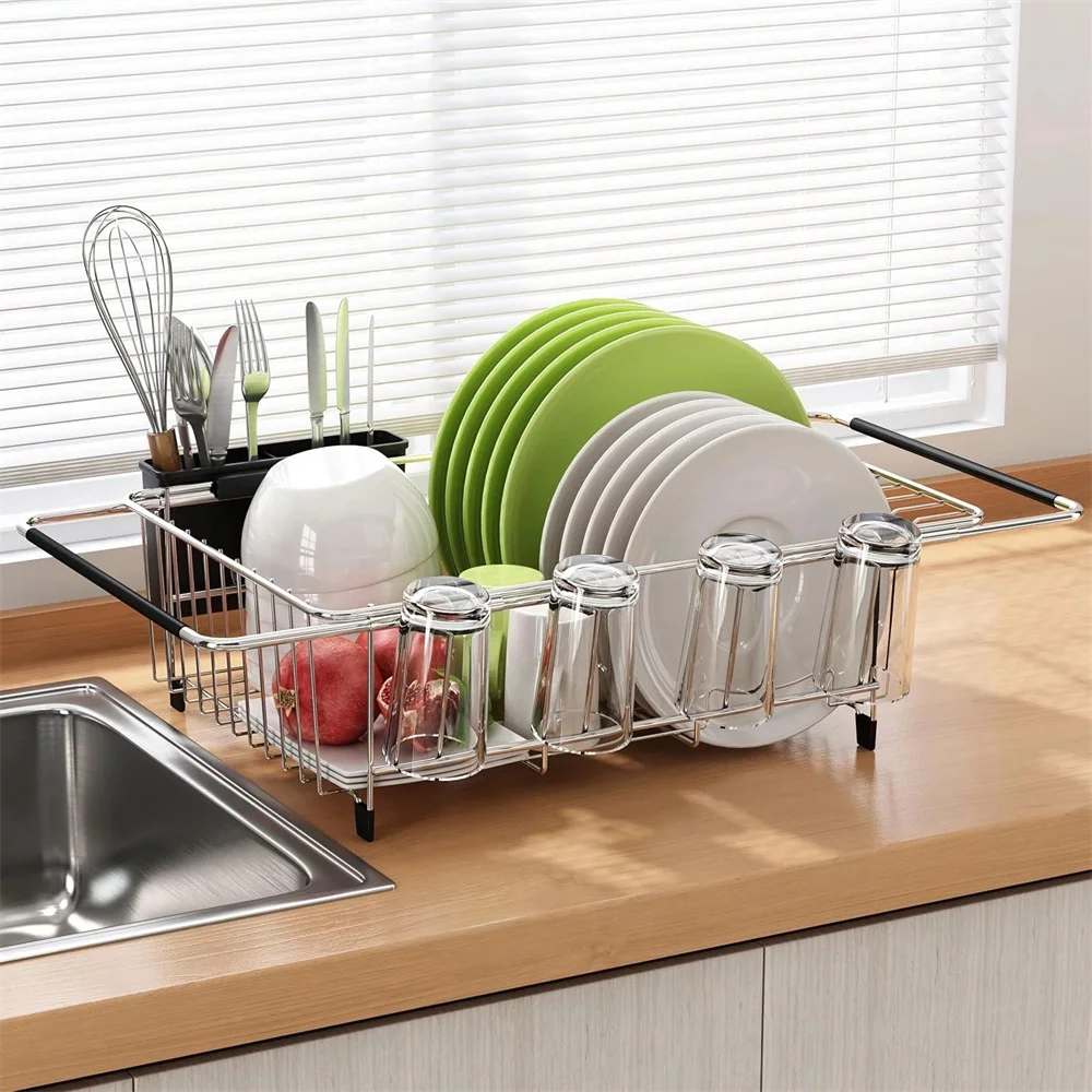 Stainless Steel Expandable Dish Drying Rack with Utensil Holder