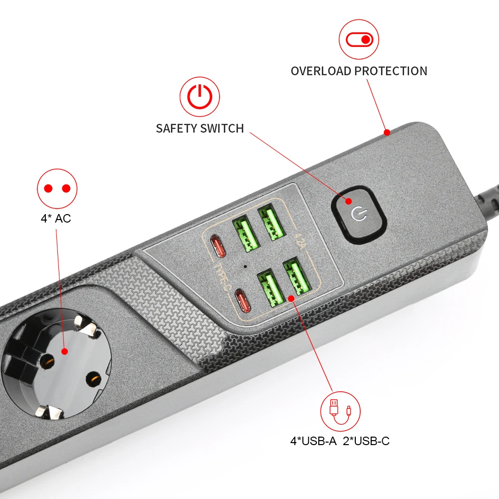 Power Strip EU Plug 4 AC 4 USB 2 Type-C Charging Socket 2M Cable Extension Outlets Adapter Surge Protector for Home Office Filte