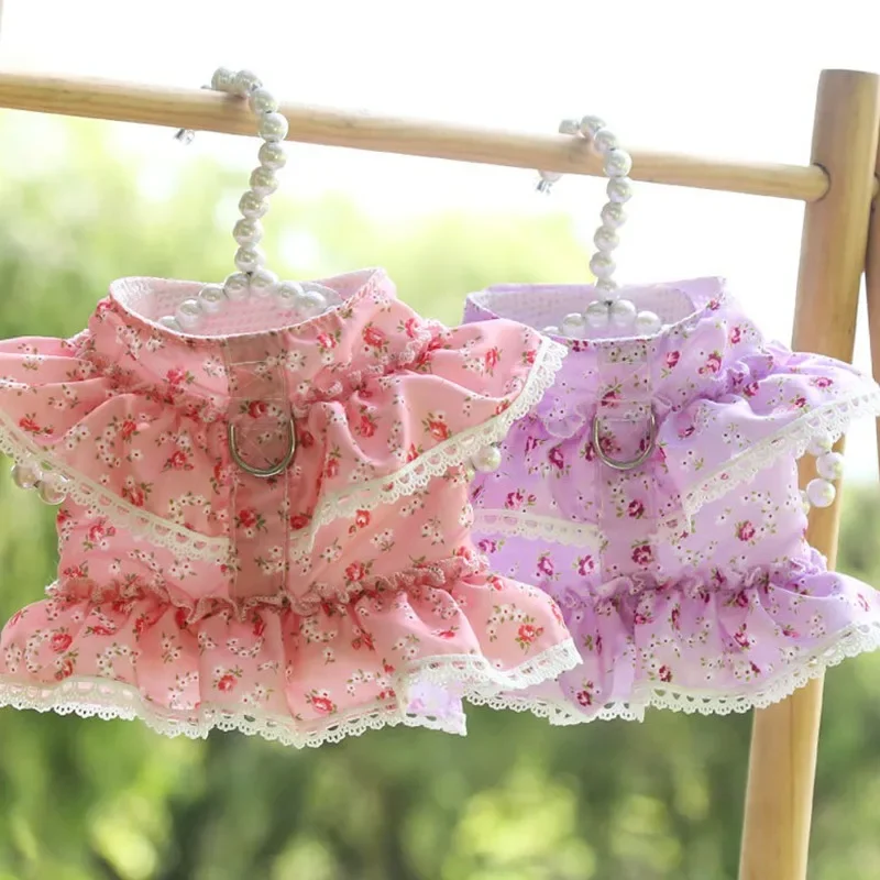 Cute Lace Dog Vests Small Floral Print Dog Harness and Leash Set Pet Walking Leash For Spitz Cat Girl Princess Harness #