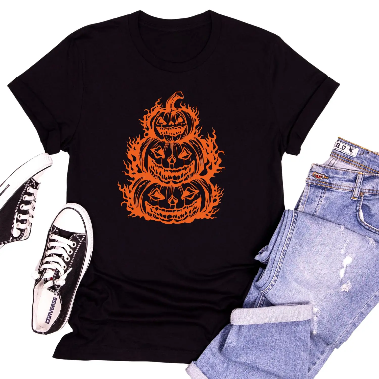 Camiseta de feliz Halloween hecha a mano personalizada, camiseta gráfica apilada de calabazas, camiseta escalofriante de Halloween, traje de caras de calabaza lindas