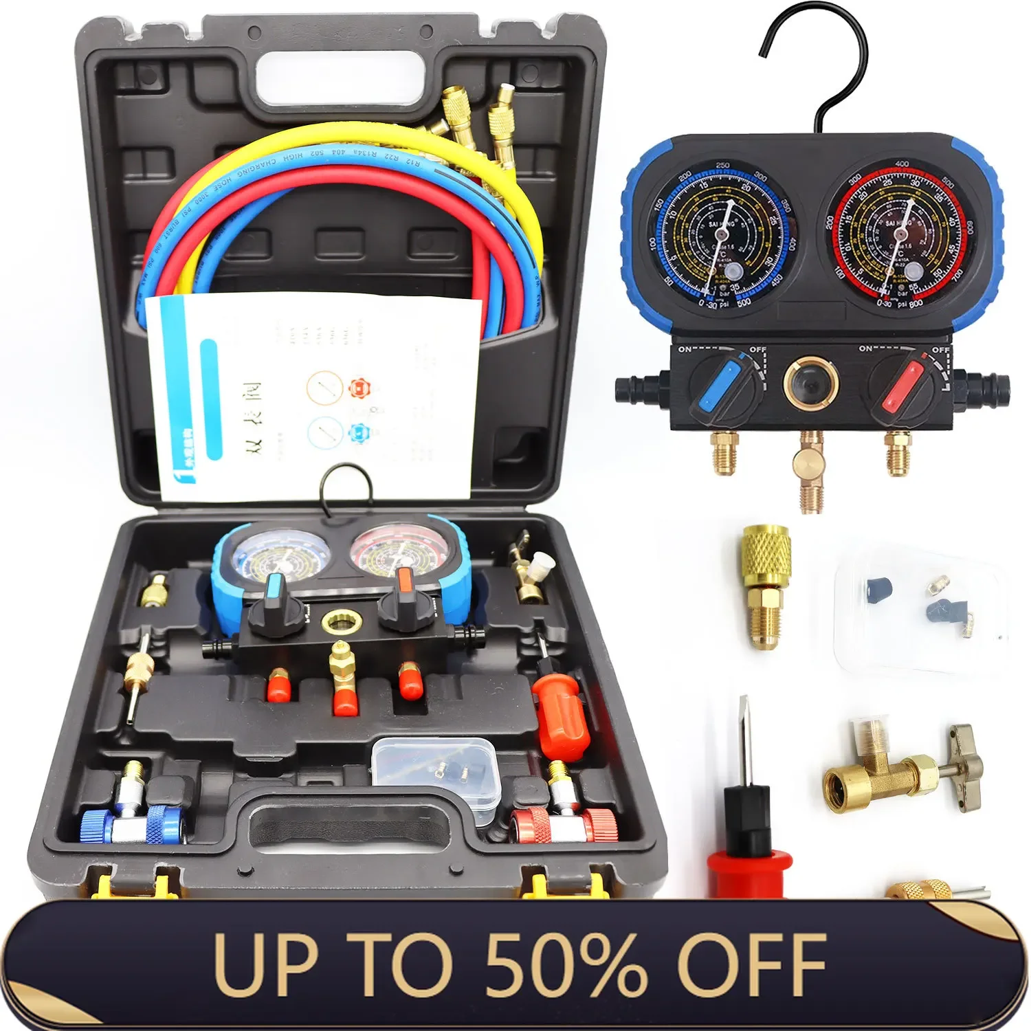 3 Way Manifold Gauge Air Conditioning Diagnostic Freon Charging Set - Fits R134A R404A R410A R22 Refrigerants 2 Couplers Can Tap