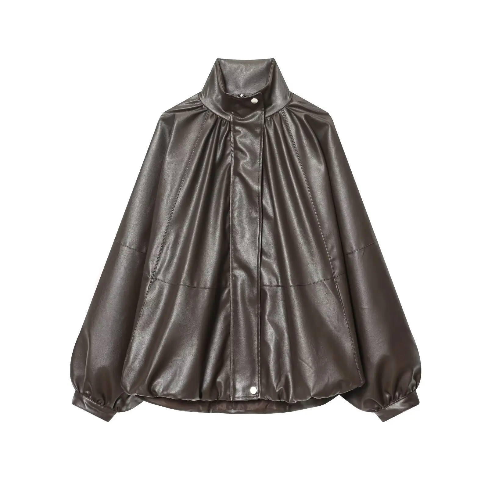 

2025 WOMAN Fashion European and American Style Winter New Leather Effect Bomber Jacket Zipper Long Sleeve Coat Outerwear Mujer