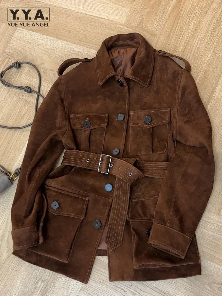 Designer Elegant Women Loose Reddish Brown Belt Jacket Turn Down Collar Single Breasted Outerwear Multi Pockets Female Retro