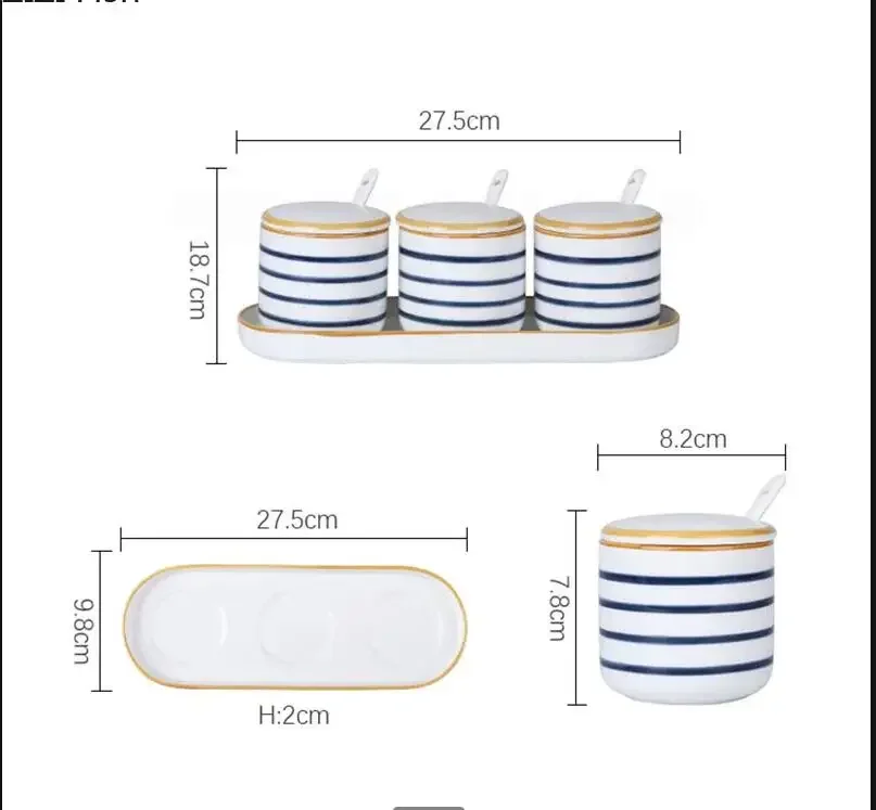 3Pcs/Set Ceramic Jar Salt Chili Cans with Spoon Tray Painted Spices Storage Canister Glaze Porcelain Jars Kitchenware