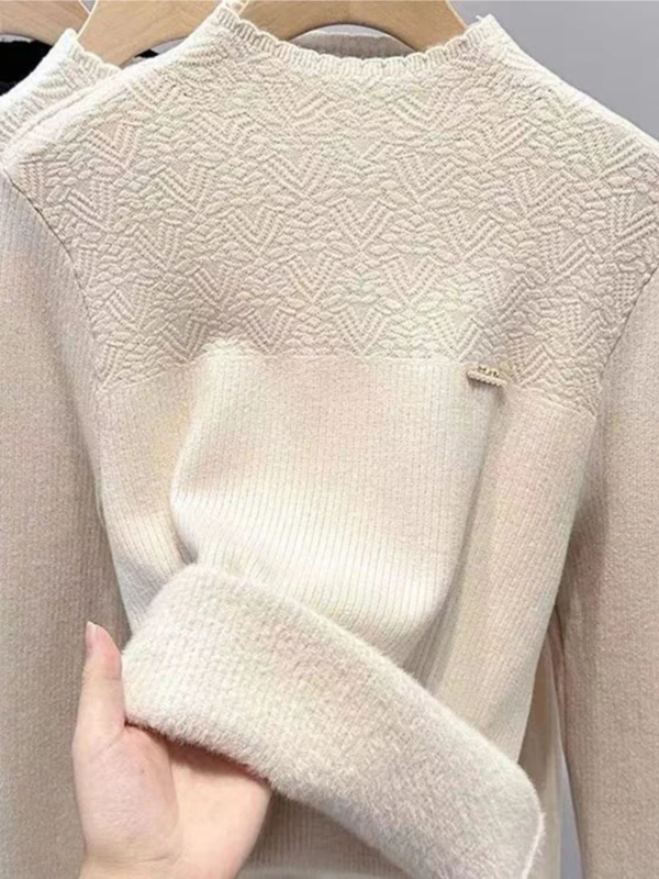 Women's Knitted Fleece Lined Thick Warm Base Shirt Integrated Velvet Soft Cozy Fall Winter New Style Fashionable Top