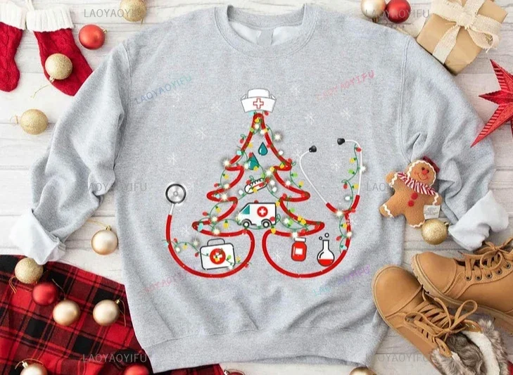 Christmas Tree Stethoscope Funny Doctor Sweatshirt Nurse Christmas Sweatshirt Gift for Healthcare Worker Harajuku Unique Hoodies