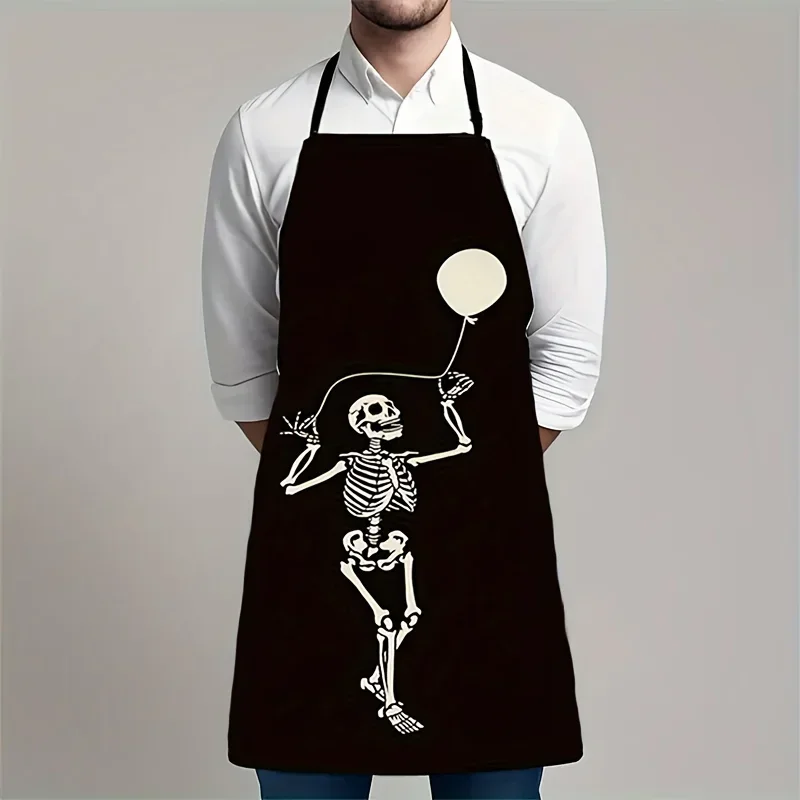 1pc Halloween Skeleton With Balloons Print Apron Black Polyester Kitchen Apron For Cooking Baking Gardening Parties