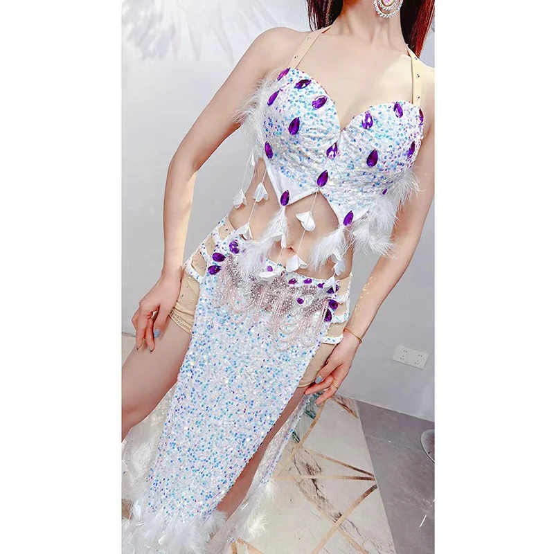 Belly Dance Suit Diamond Bra Belt White Feather Long Skirt Performance Set High-End Custom Adult Competition Clothing