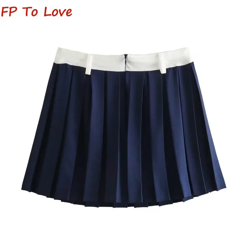 Y2K Vintage High Waist Hundred Hottie Half Skirt Hottie Navy Blue Clashing Colour Splicing Pleated Skirt