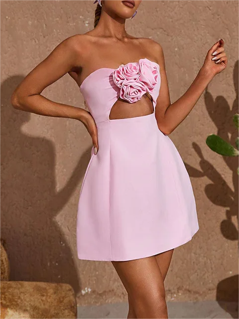 Pink Strapless Tight-fitting Fishbone With Removable Rose Flower Corset Women's Dress 2023 Spring New Fashion Sexy A-line Dress