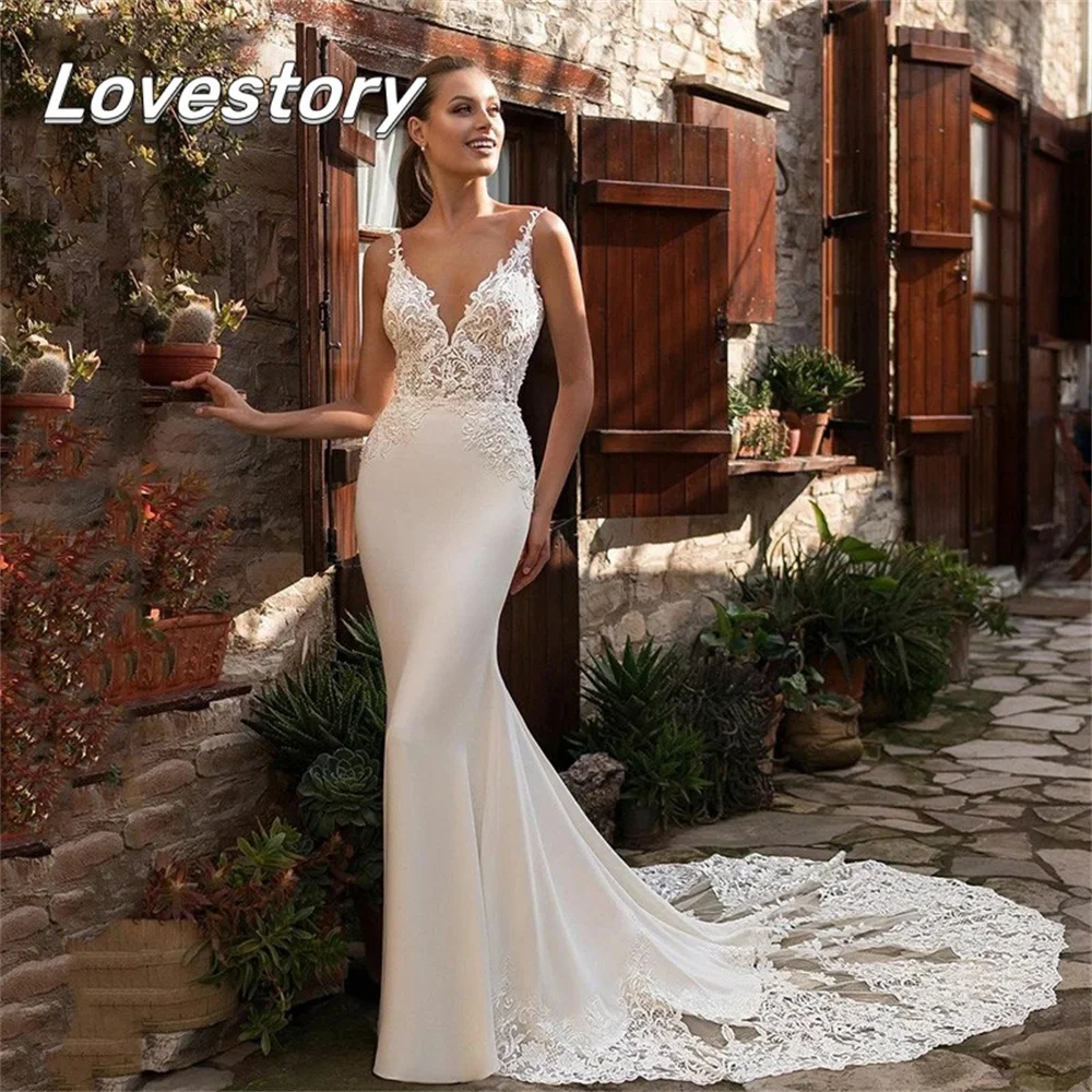 Soft Satin Mermaid Wedding Dresses Sexy V Neck Lace Appliques Boho Long Bridal Gowns Spaghetti Straps Backless Vestidos De Noiva