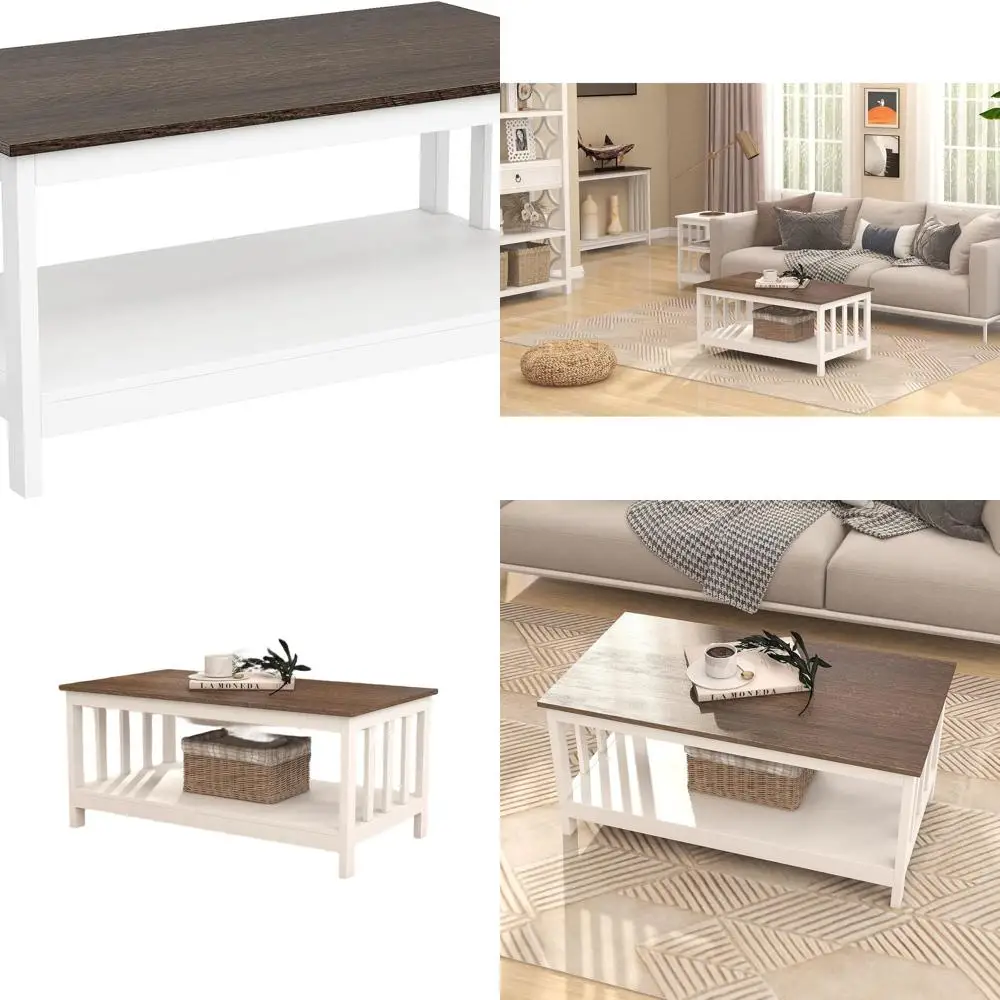 

White 40 Farmhouse-Style Living Room Coffee Table with Shelf
