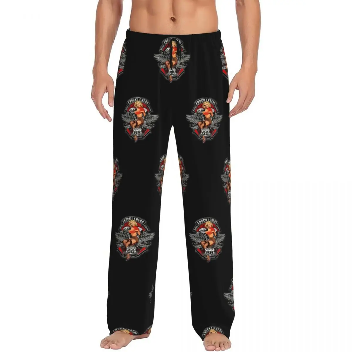 Pantalon de pyjama au design Rockabilly personnalisé Route 66 Pin Up pour hommes, vêtements de nuit, ceinture élastique, bas de salon de sommeil d'autoroute avec poches