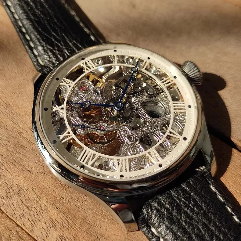 ساعة ميكانيكية يدوية 44 ملم للرجال، طراز عمل عتيق، حركة تيانجين St3600K، أزياء زخرفية مجوفة أصلية le