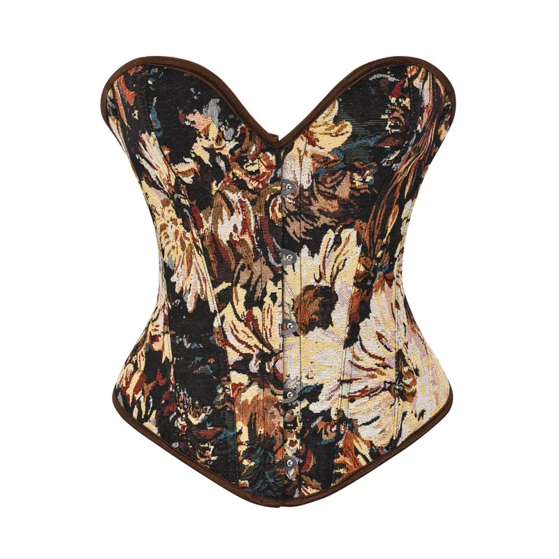 Fashion Monet Oil Painting Style Plastic Bone Overbust Corset Retro Floral Print Body Shaper Sexy Lingerie Bustier Top For Women