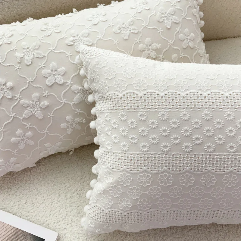 Boho White Decorative Pillows for Sofa Cotton Linen 3D Floral Lace Pillowcase Sofa Cushion Cover Wedding Decor Throw Pillows