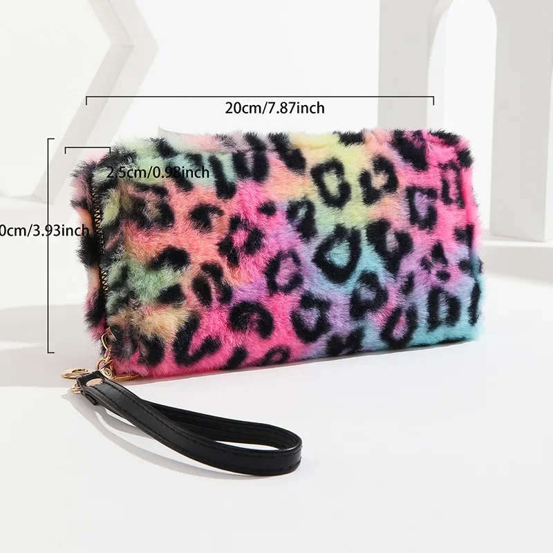 Women Fashion Leopard Prints Faux Fur Long Wallet Ladies Cheetah Pattern Fluffy Clutch Purse Money Clip Furry Cell Phone Wallet