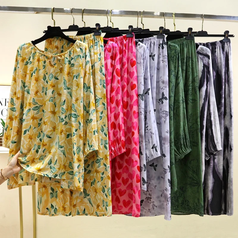 

Summer Lightweight Cotton Silk Sleepwear Set Women's Casual Artificial Cotton Home Clothes Two-Piece Air Conditioning Suit