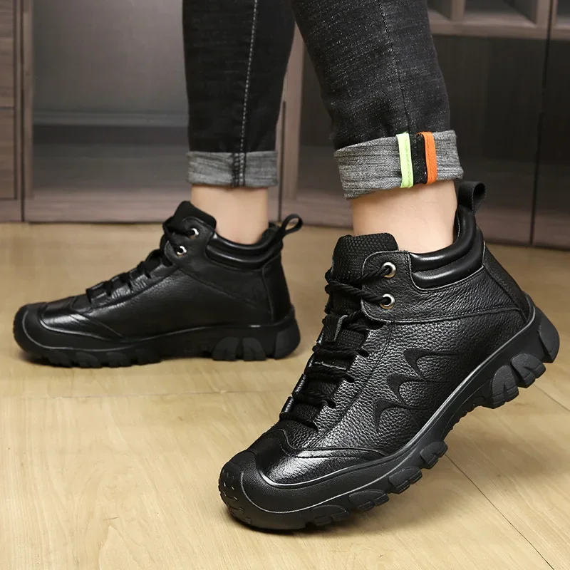 Genuine Leather Men Outdoor High Top Walking Shoes 100% Wool Lining Winter Super Keep Warm Ankle Snow Boots male Casual Sneakers