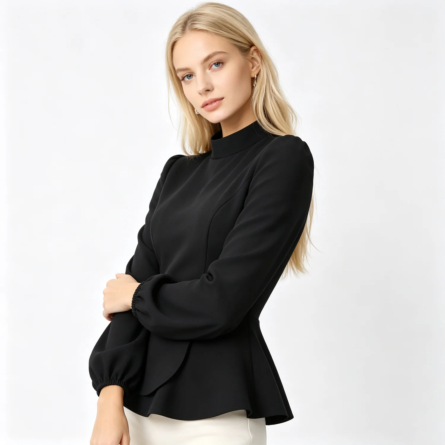 PUAL  2026 Elegant  Satin Blouse Women Stand Collar Puff Lantern Sleeve Peplum Hem Vintage Office Chic Shirts