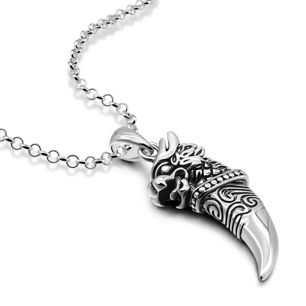 New 925 Sterling Silver Punk Rock Dragon Wolf Tooth Pendant Chain Male Vintage Amulet Necklace for Men Cool Animal Jewelry Gifts