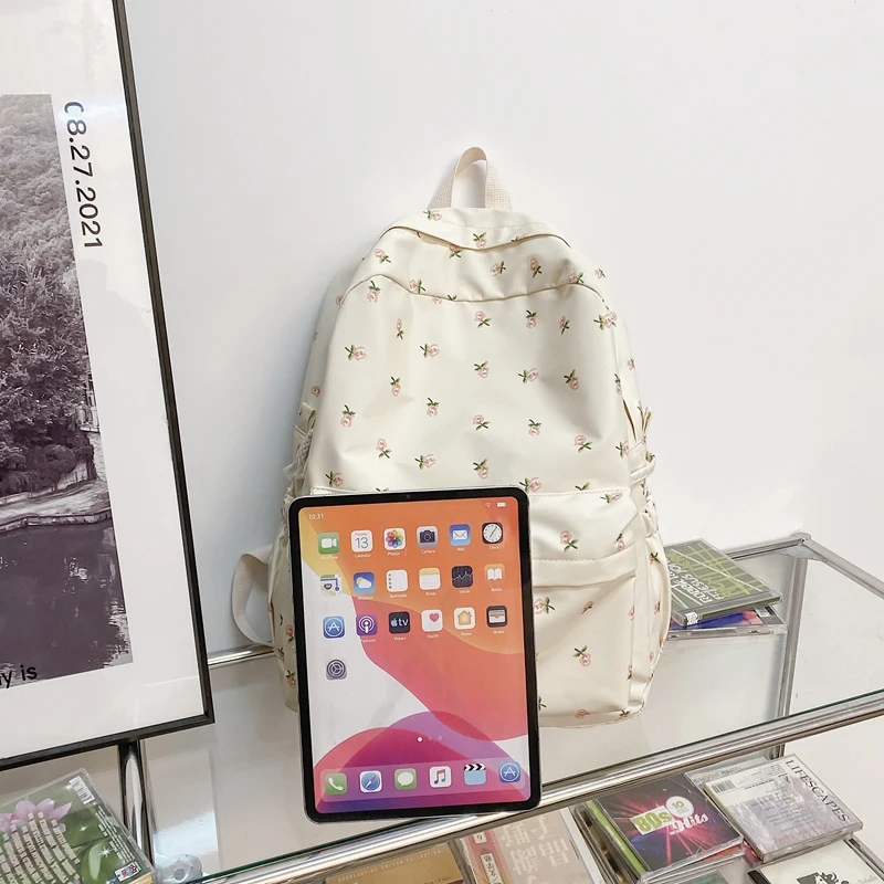 Estudante coreano mochila escolar floral branco sacos de escola para meninas adolescentes bonito mochila feminina marca saco de livro náilon
