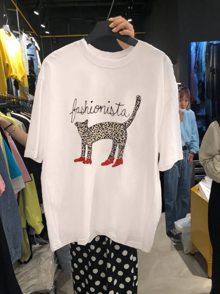 

Loose round Ne ort Sve T-irt Women's Cartoon Leopard Print Casual Versatile Top Dongda Gate New Arrival Spring Summer