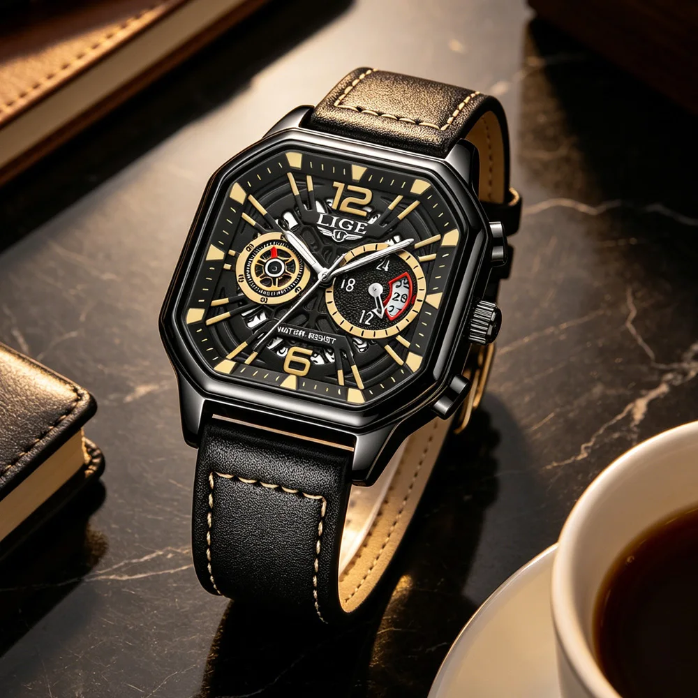 

LIGE Luxury Big Dial Men Square Watch Casual PU Leather Strap Men Sports Watches Relogio Masculino Reloj Hombre