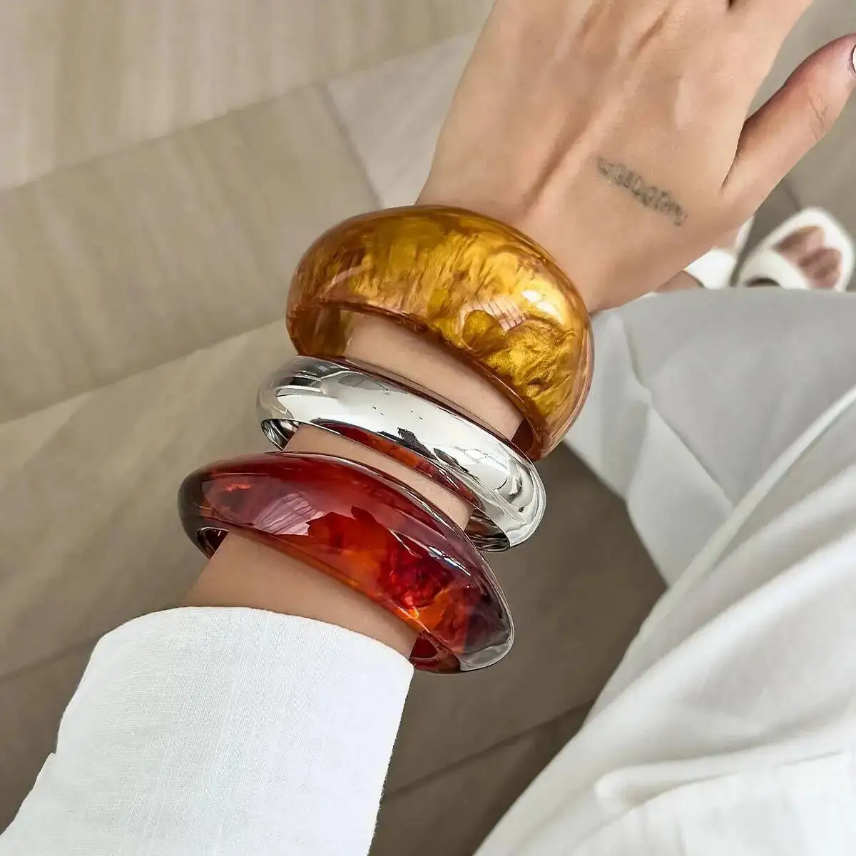 KunJoe 3 Styles Trendy Brown Thick Resin Acrylic Wide Bangle Bracelet for Women Retro Irregular Geometric Stackable Bangle New