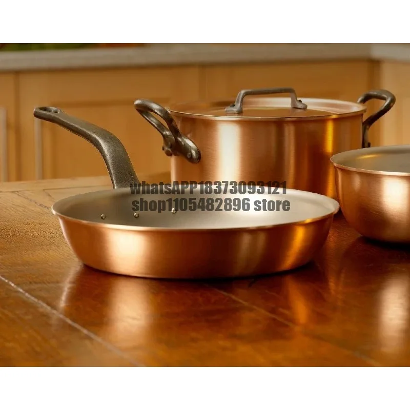 Copper pan deep frying pan flat bottom steak frying pan, long handle fried egg frying pan