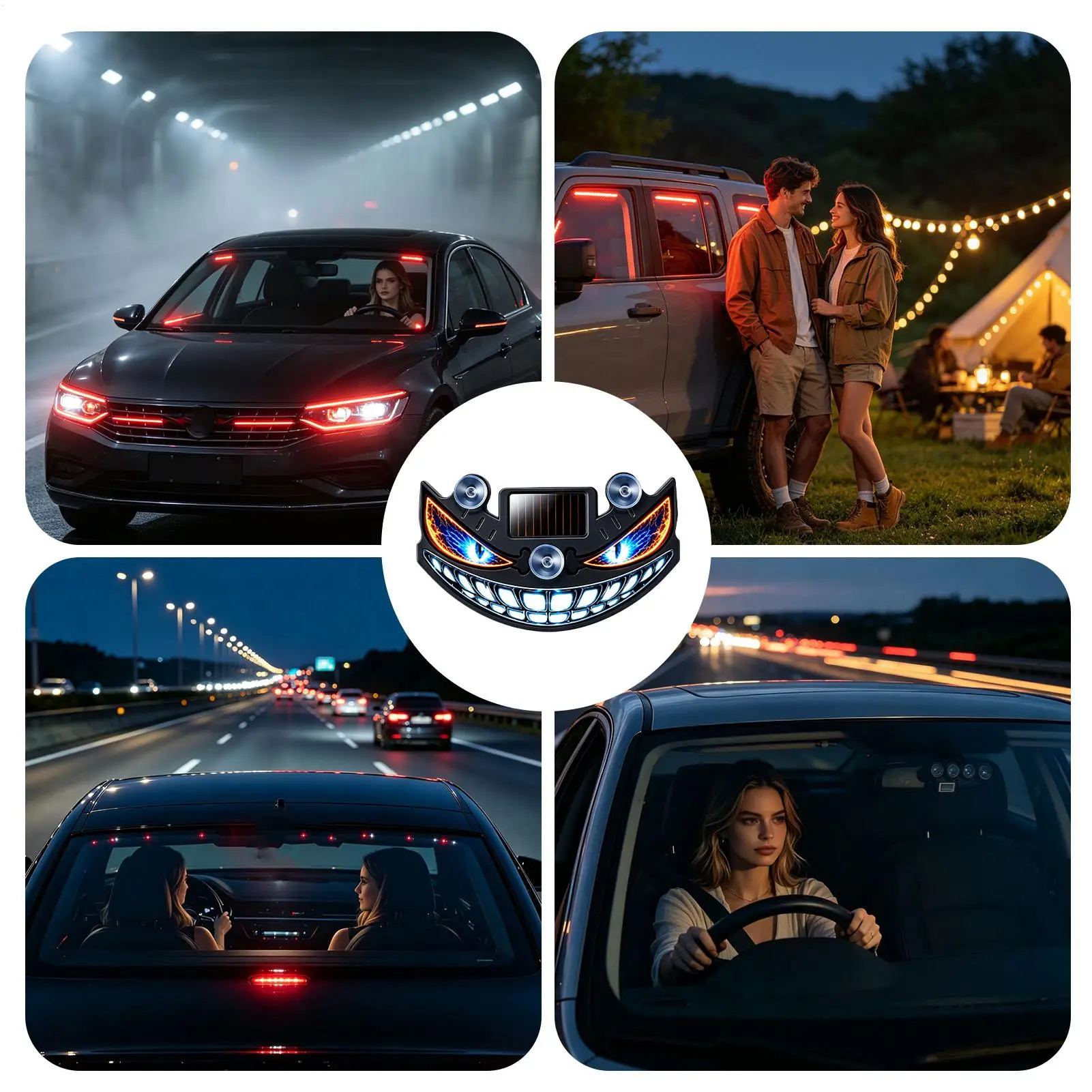 Lumières LED pour pare-brise de voiture, dynamiques, alimentées par USB et énergie solaire, avec contrôle par détection, pour camping-car, maison, véhicules et fêtes