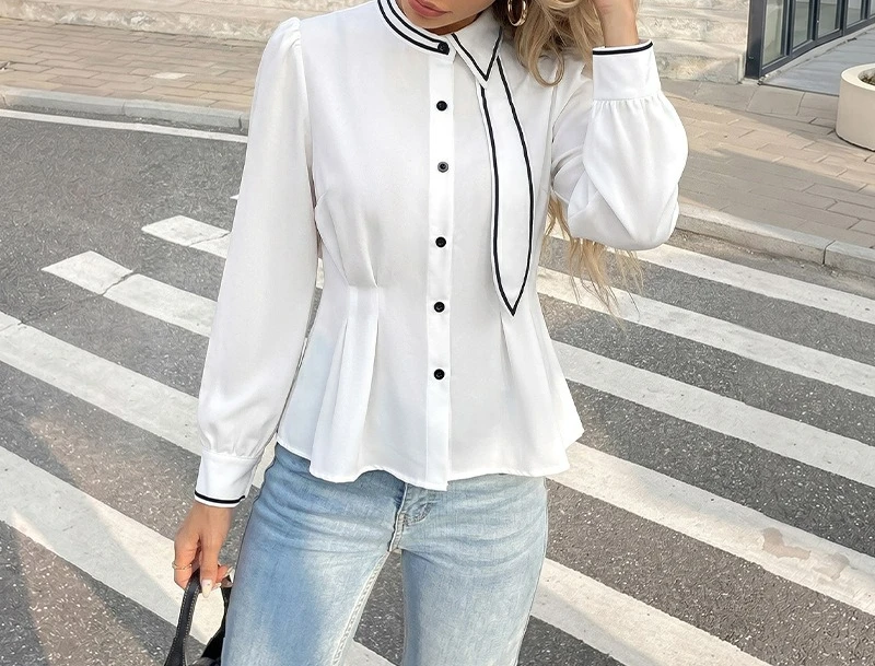 2026 New Simple and Loose Wind Contrasting Color Hemming Streamer Collar White Shirt