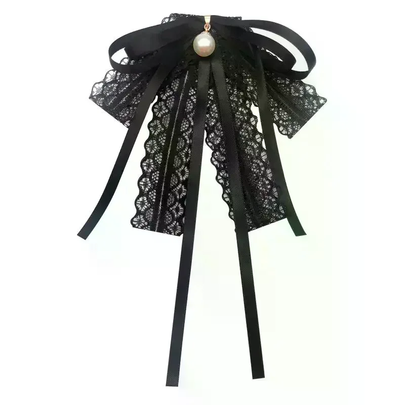 Fashion Black Lace Ribbon Bow Tie Pearl Pendant Brooch Women Shirt Collar Clothes Necktie Decoration Accessories