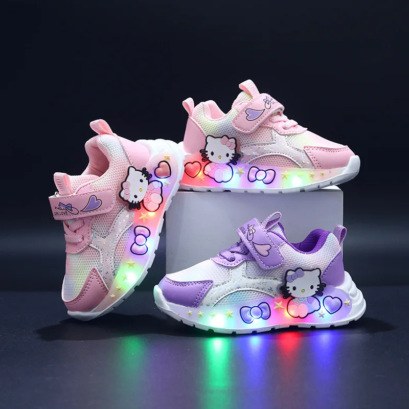 

Кроссовки Hello Kitty с LED-подсветкой для девочек на лето, сетчатые дышащие обувь для детей, легкие нескользящие милые спортивные обувь для улицы