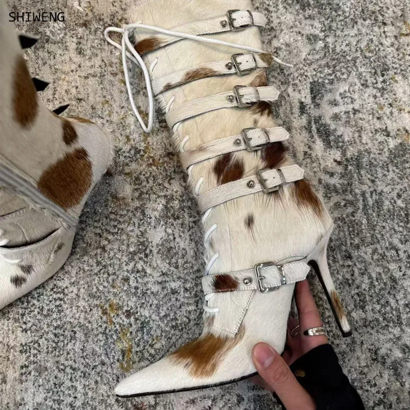 

2026 Fashion Fluffy Fur Knee Length Boots Elegant Female Party Shoes Belt Stiletto Heels Winter Women Shoes Pointy Toe Long Boot