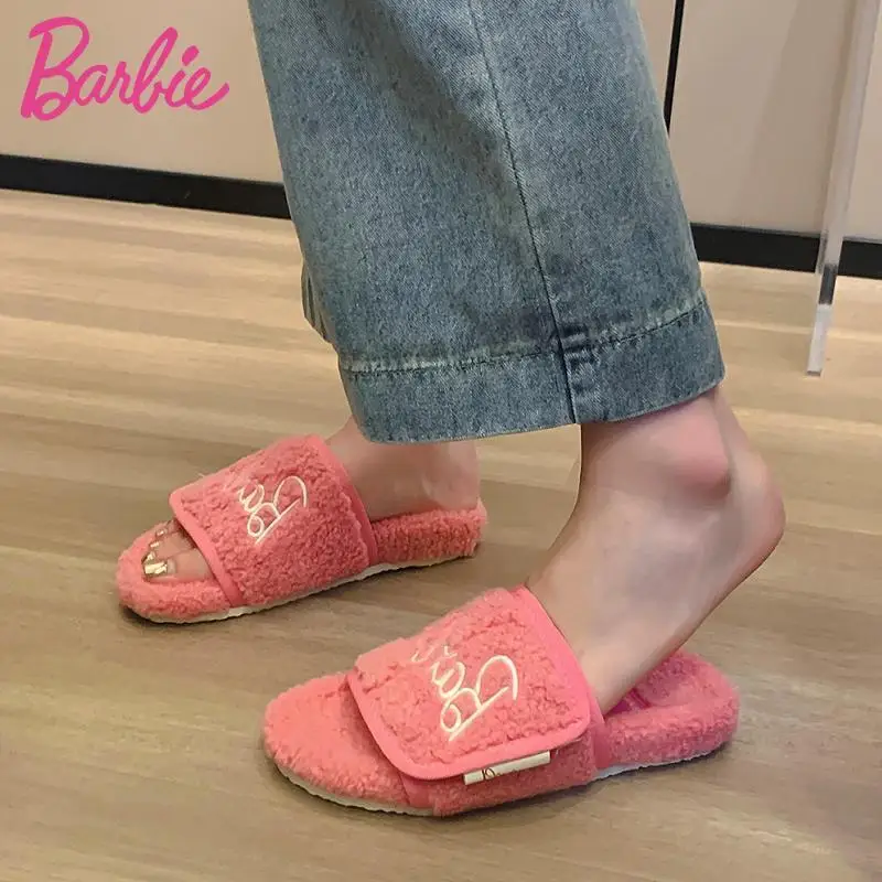 Barbie Embroidered Letters Fur Slippers Outer Wear Autumn Winter New Thick-Soled Flip-Flops Pink Fur Slippers Christmas Gift