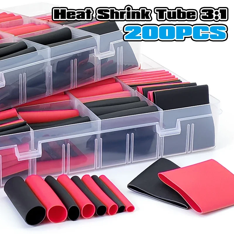 Polyolefin Heat Shrink Set 200Pcs 3:1 Shrink Ratio Fireproof Wire Wrap Home Appliance Cable Insulation Protective Sleeve