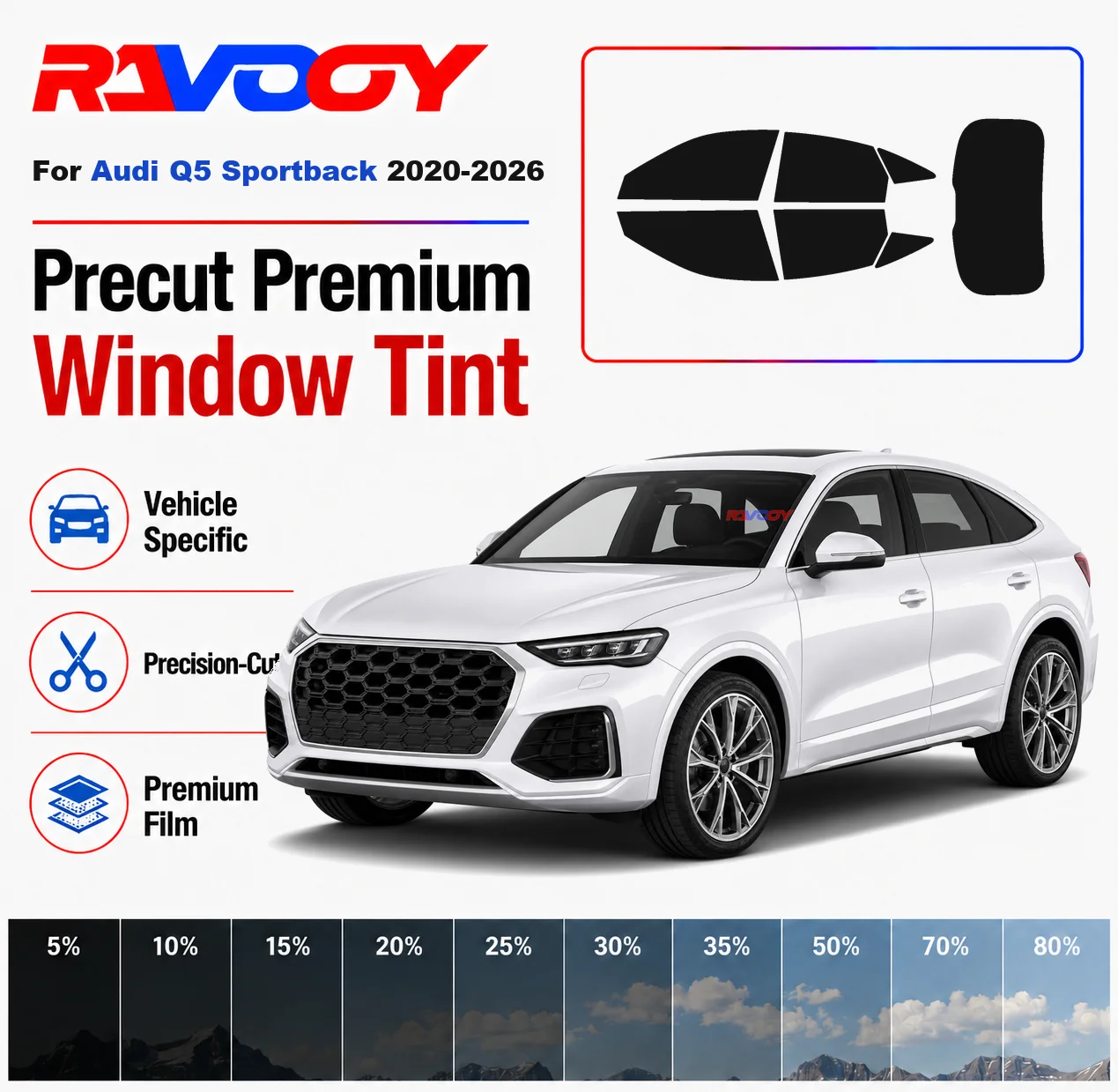

Premium Precut Window Tint Kit Front Rear Windows Rear Windshield For Audi Q5 Sportback 2020-2026 Complete Set Nano Ceramic Film