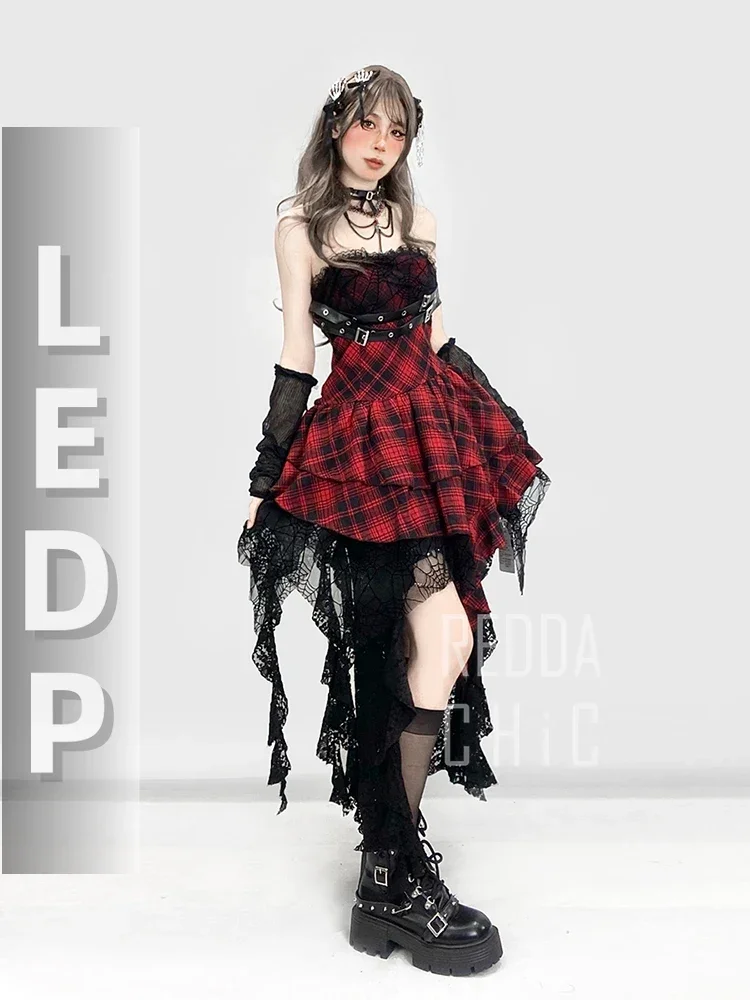 IMU Steampunk Trailing Hi-Lo Skirt Dress Set Plaid Belted Corset Stitch Lace Spider Web Mini Cake Dress Goth Women Clo